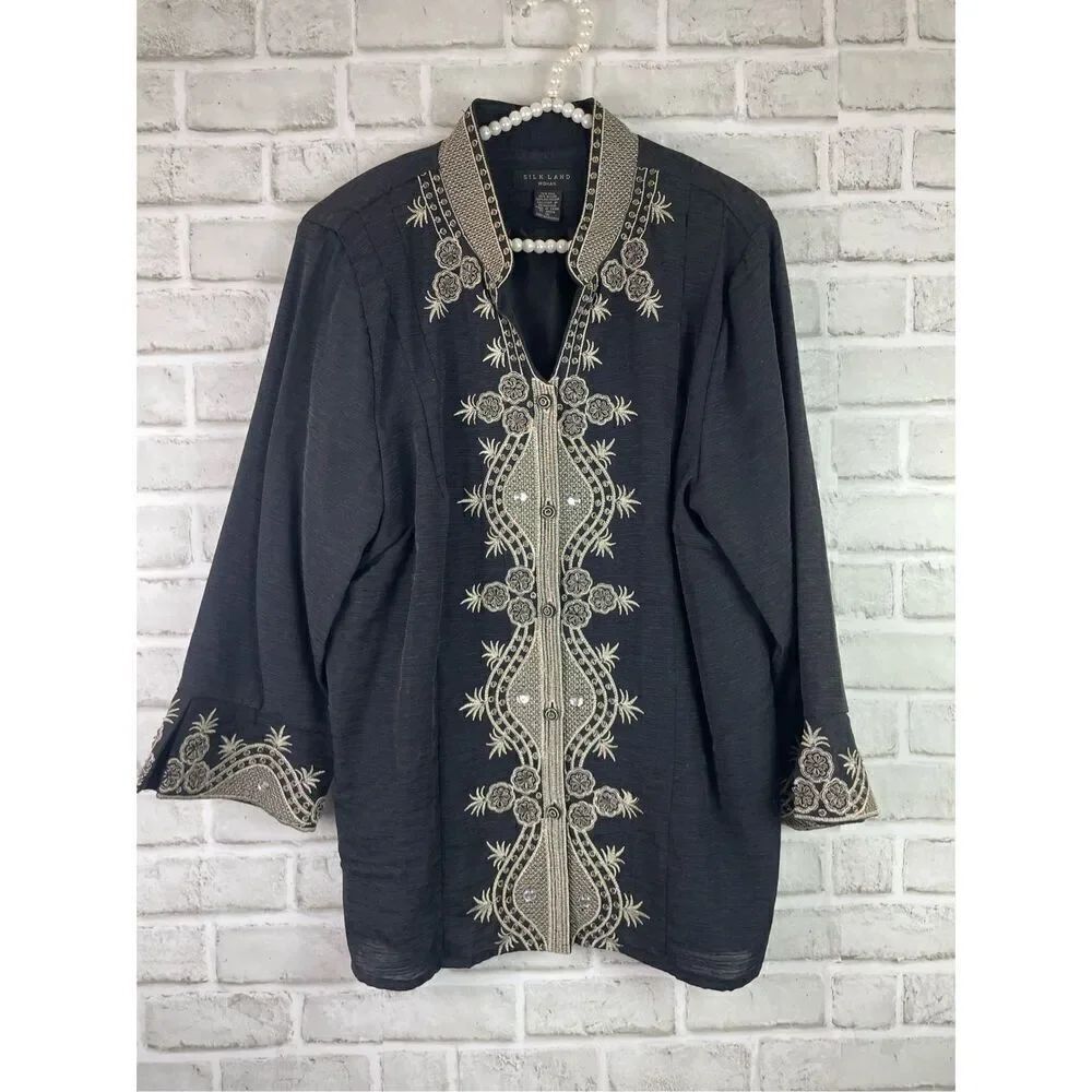 Vintage Silkland Jacket Womens 1X Black Embroidered Floral Woven Grannycore Boho